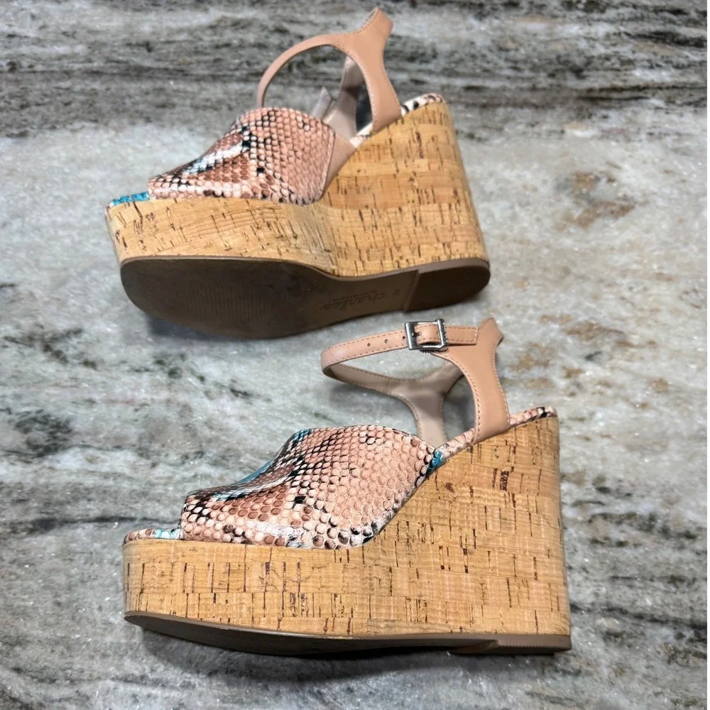 Charles David Wedge Sandals Women 7 Snakeskin Platform Cork Turquoise Tan